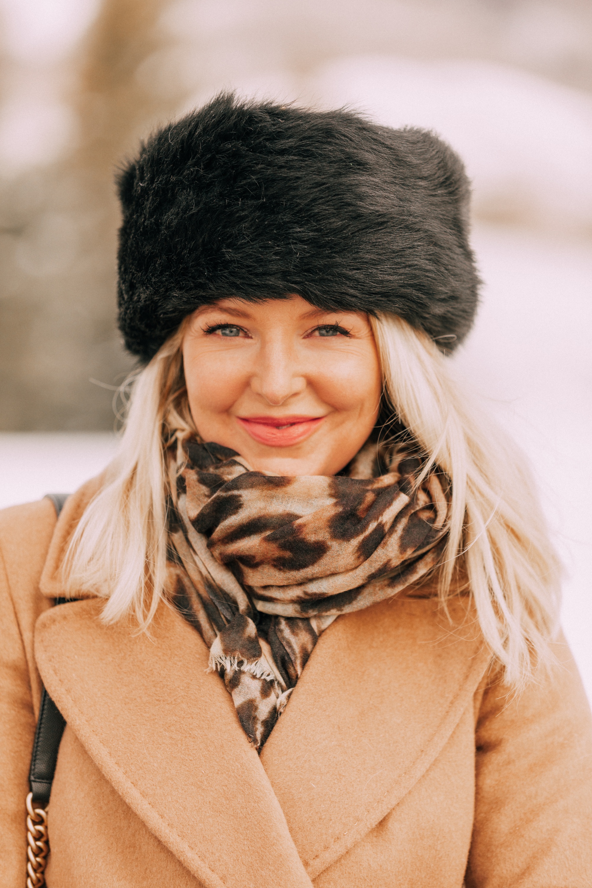 leopard scarf black fur hat