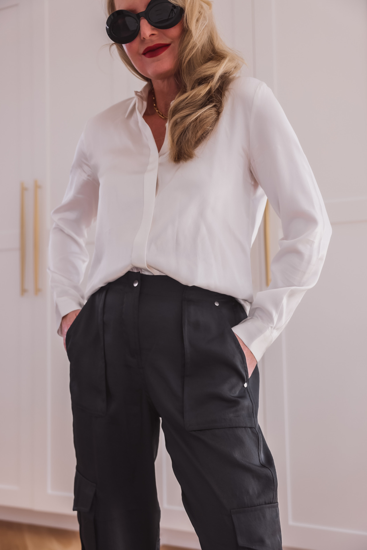 white silky frame button down shirt, black cinq a sept giles joggers